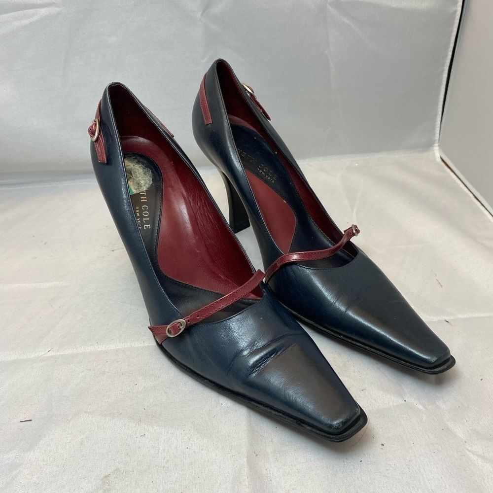 Kenneth Cole Leather Classic Pointed Toe Pumps Stiletto blue belted Brazil 8